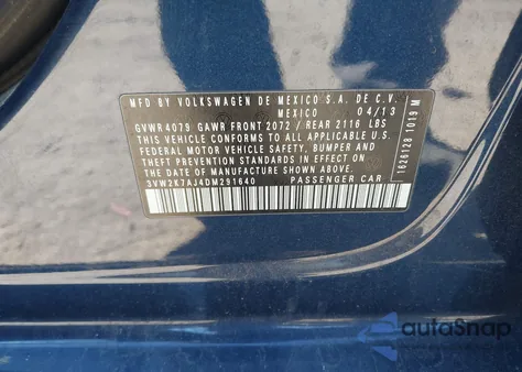 2013 Volkswagen Jetta S из США, поврежденный, VIN 3VW2K7AJ4DM291640